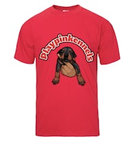 a red t - shirt with an image of a dachshund dog