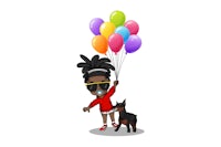 a cartoon character with balloons and a dog